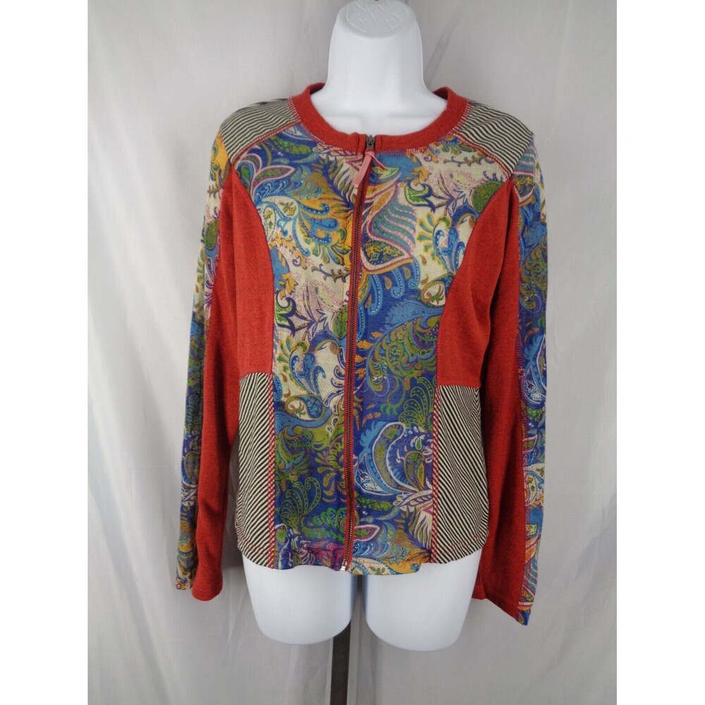 The Pyramid Collection Mixed Print Sheer Lightweight Knit Zip Top Size Medium